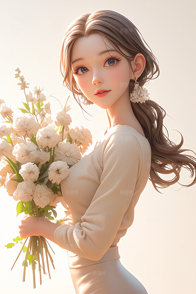 手捧鲜花的少女模型肖像素材