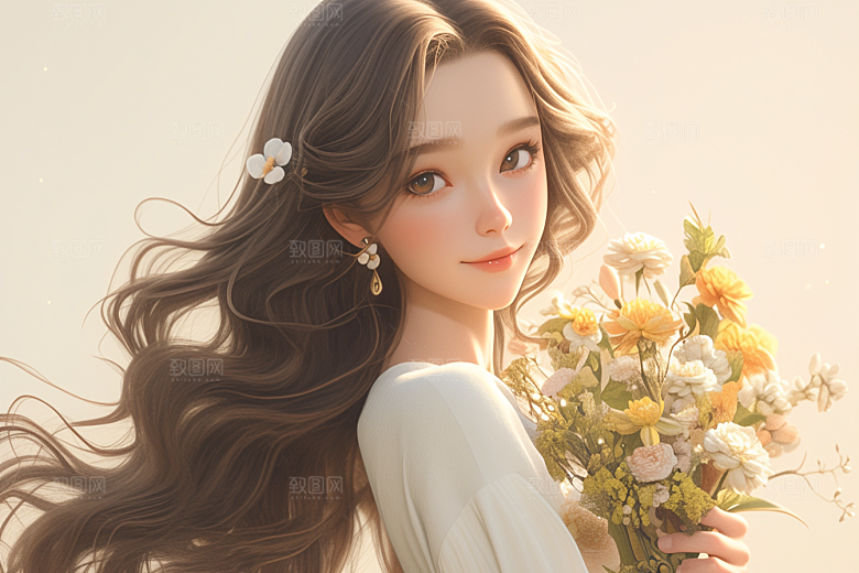 手捧鲜花的少女梦幻人物素材