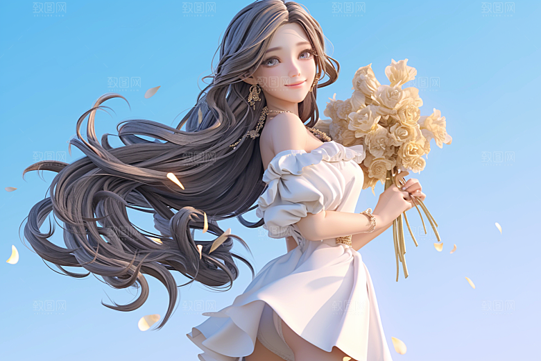 手捧鲜花的少女模型青春素材