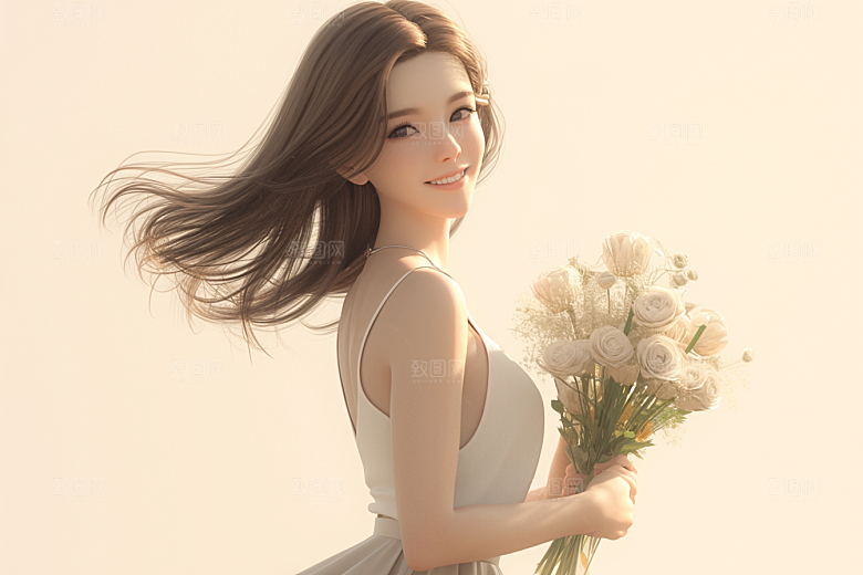 手捧鲜花的少女人物飞舞的裙摆素材