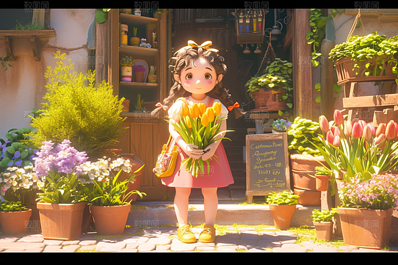 手捧鲜花的少女人物青春素材