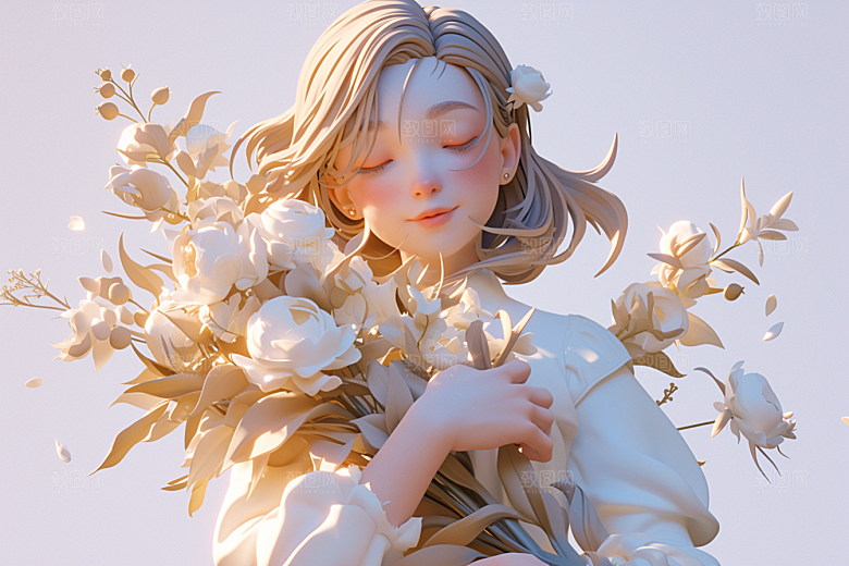 手捧鲜花的少女烂漫花朵素材