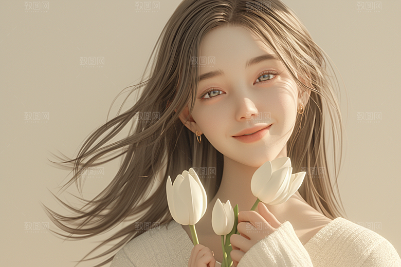 手捧鲜花的少女梦幻肖像素材