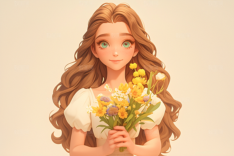 手捧鲜花的少女春天烂漫素材
