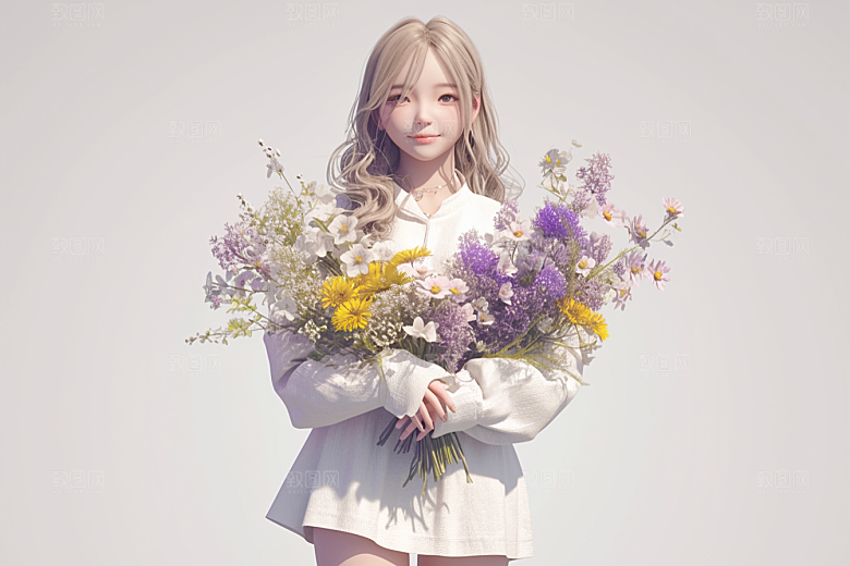 手捧鲜花的少女肖像飞舞的裙摆素材
