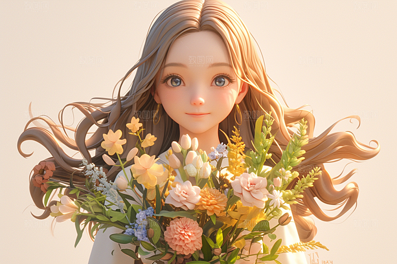 手捧鲜花的少女肖像花朵素材