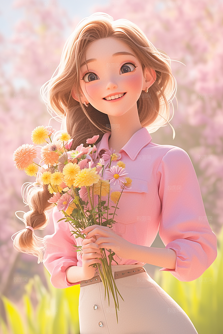 手捧鲜花的少女春天青春素材