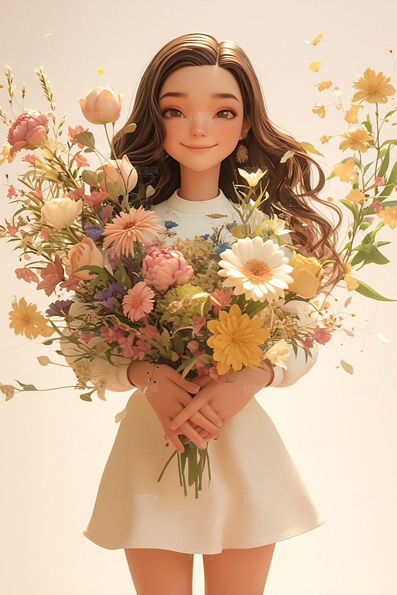 手捧鲜花的少女花朵唯美素材
