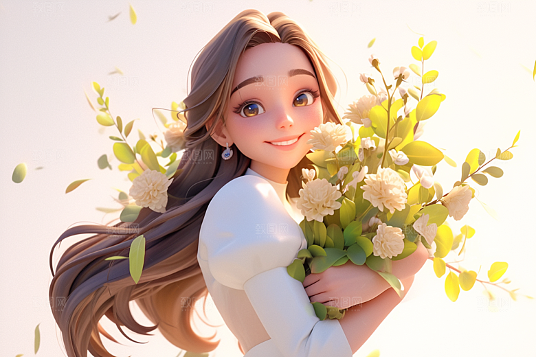 手捧鲜花的少女3D青春素材