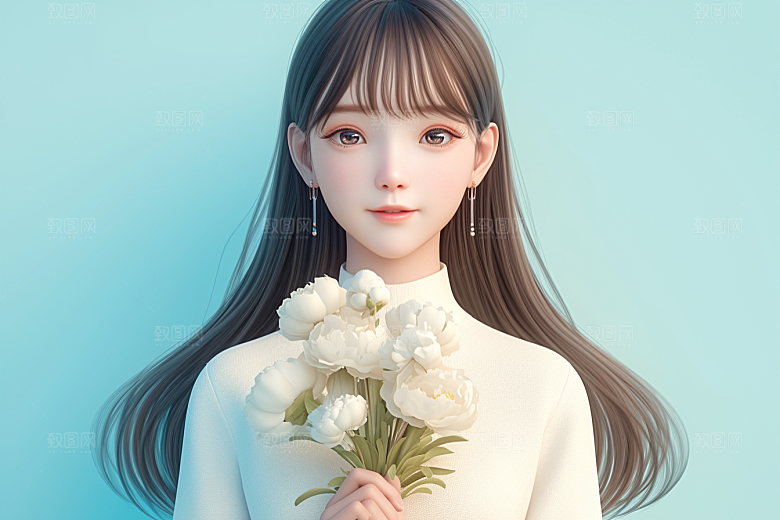 手捧鲜花的少女自然烂漫素材