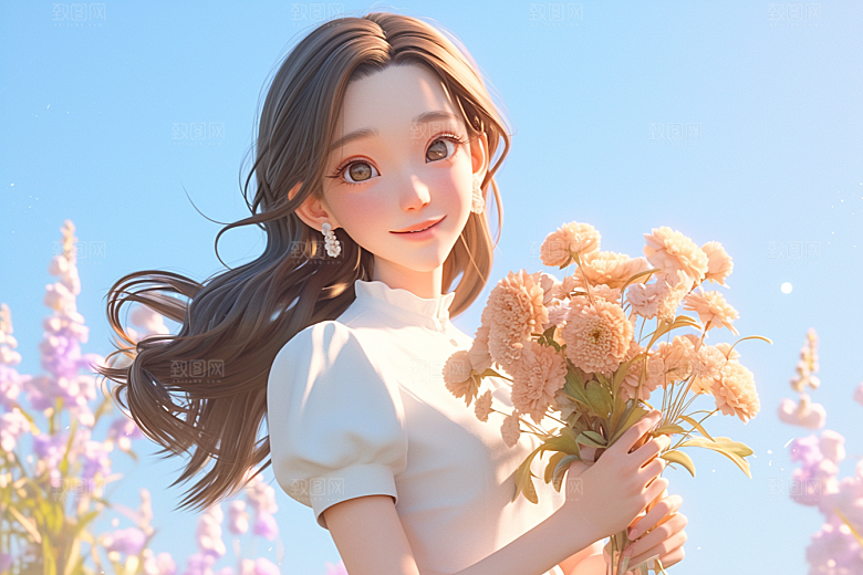 手捧鲜花的少女3D人物素材