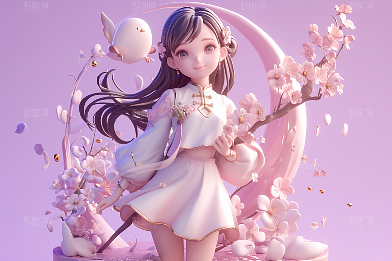 手捧鲜花的少女飞舞的裙摆清新素材