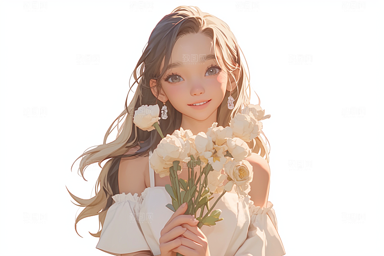 手捧鲜花的少女飞舞的裙摆梦幻素材