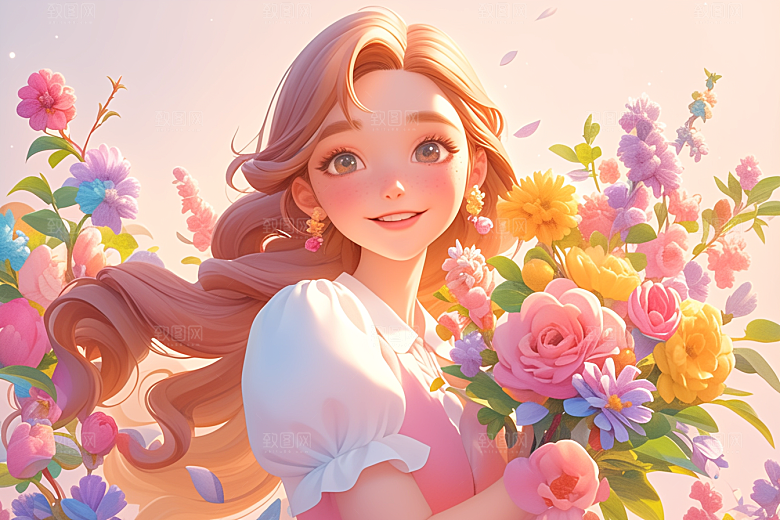 手捧鲜花的少女青春模型素材
