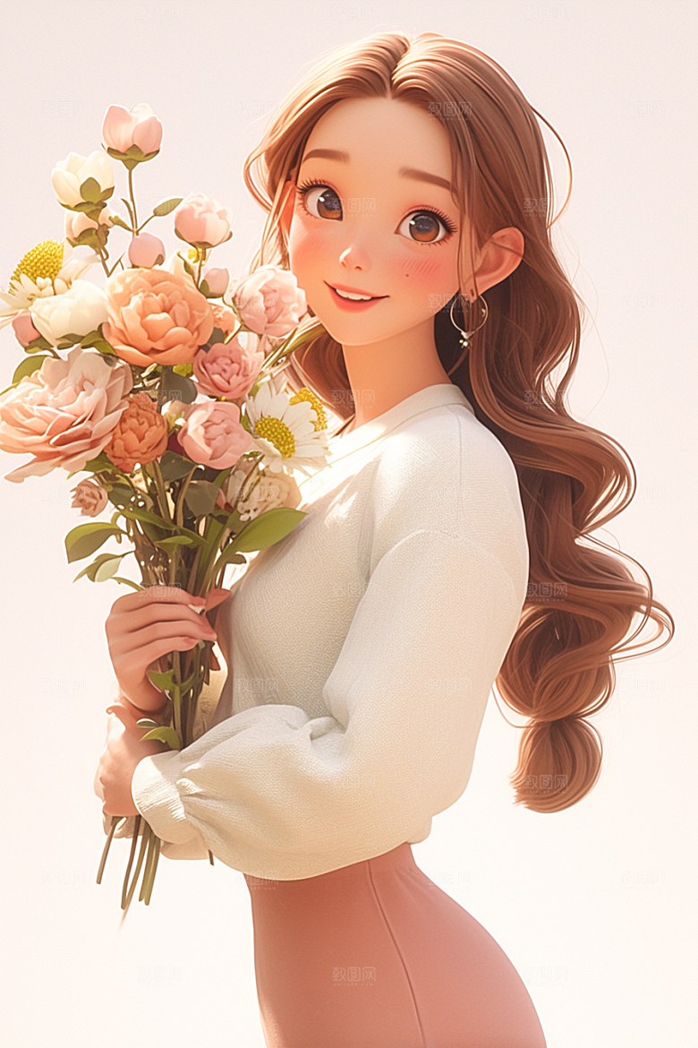 手捧鲜花的少女梦幻春天素材