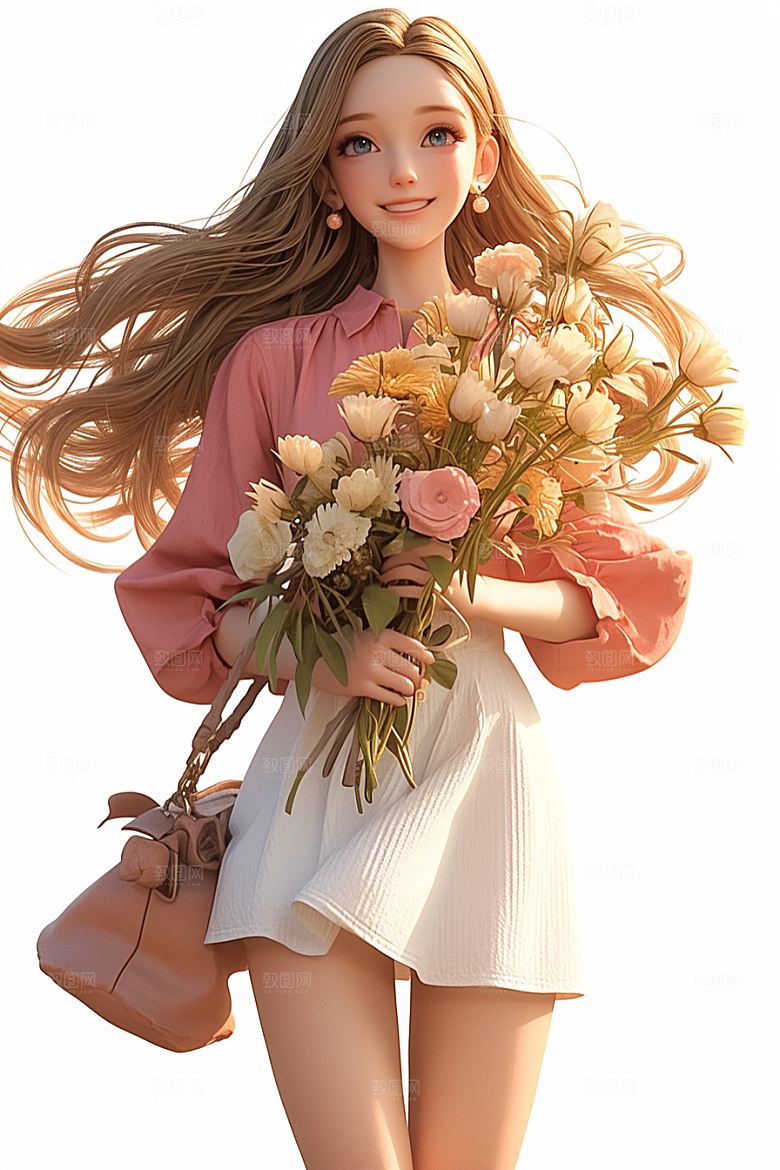 手捧鲜花的少女自然立体素材