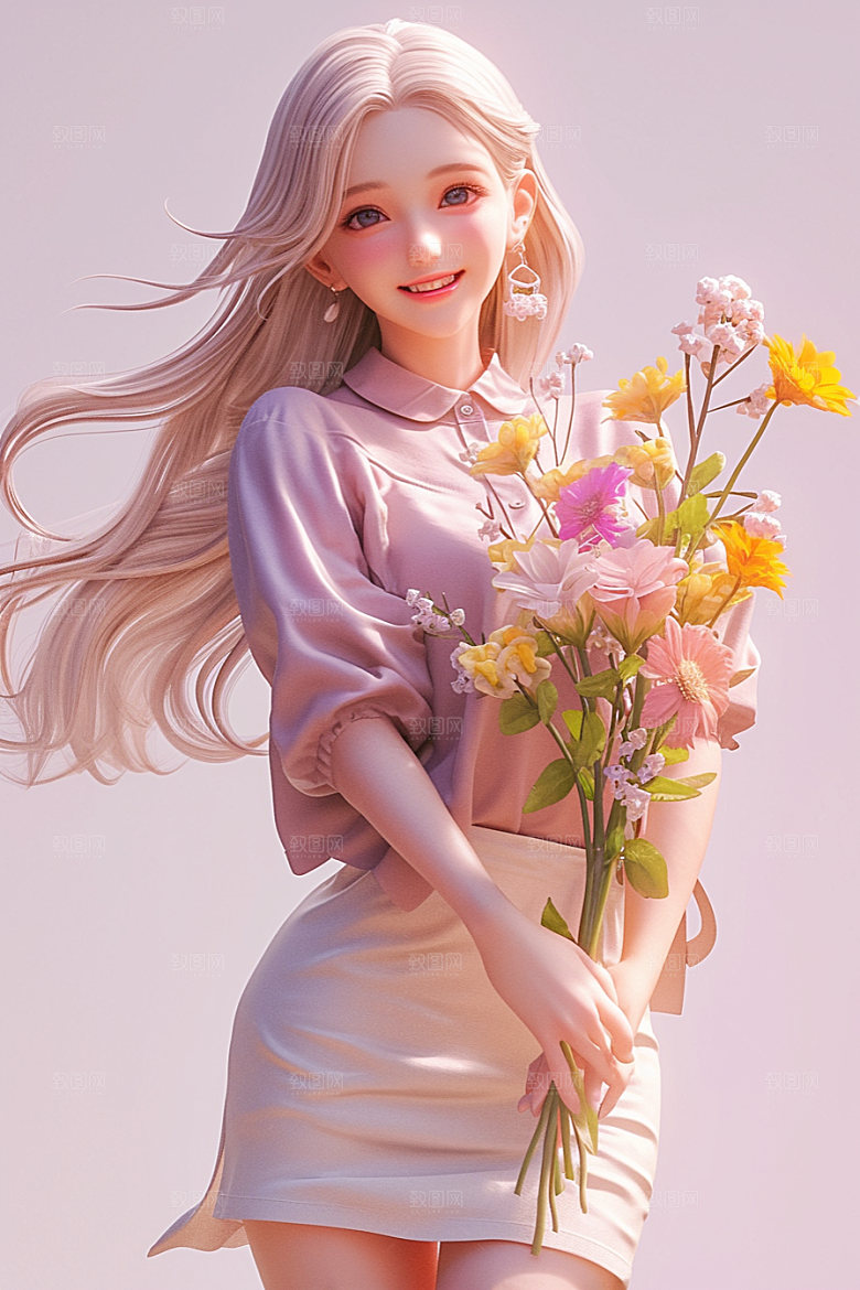 手捧鲜花的少女清新肖像素材