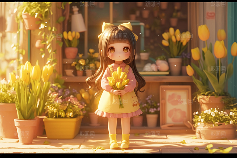 手捧鲜花的少女肖像青春素材
