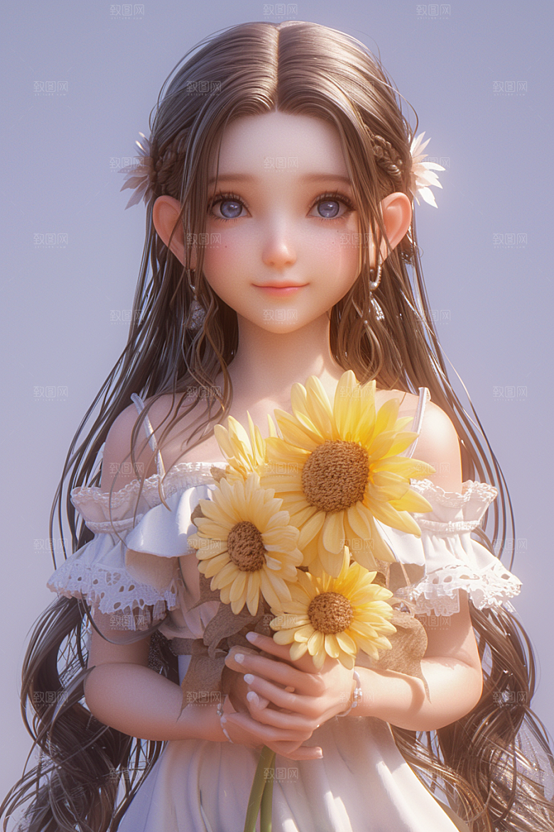 手捧鲜花的少女飞舞的裙摆春天素材