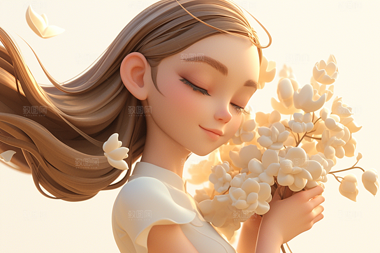 手捧鲜花的少女烂漫立体素材