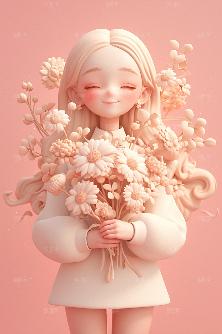 手捧鲜花的少女花朵立体素材