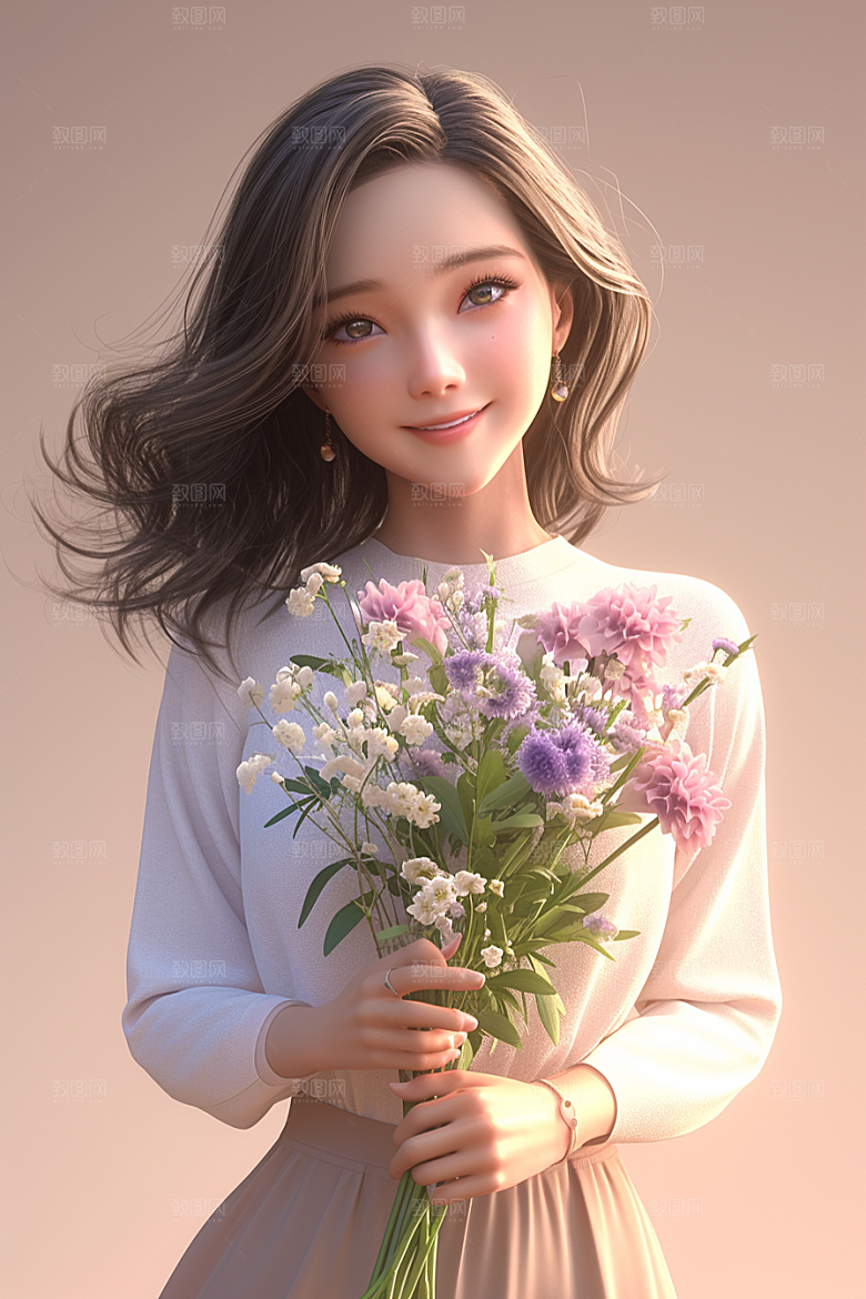 手捧鲜花的少女青春清新素材