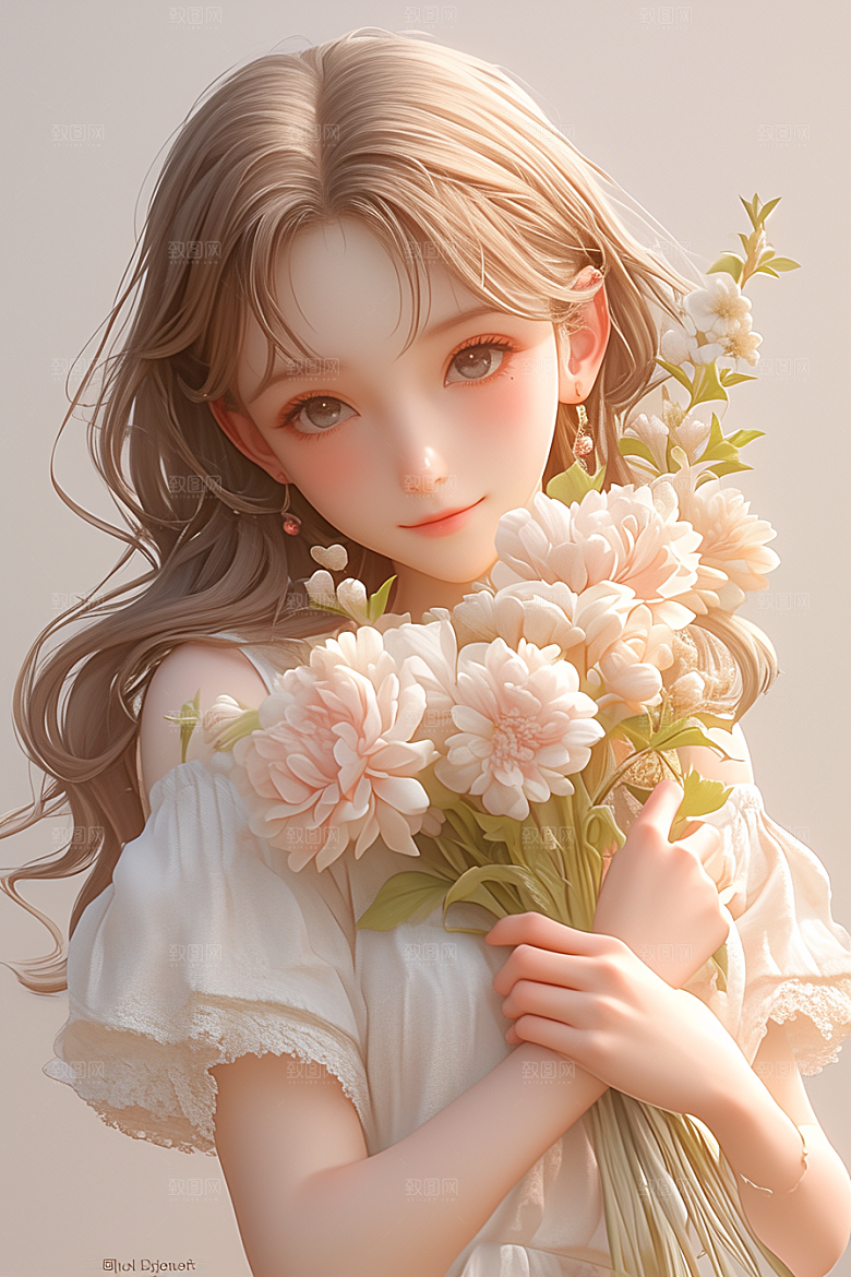 手捧鲜花的少女自然人物素材