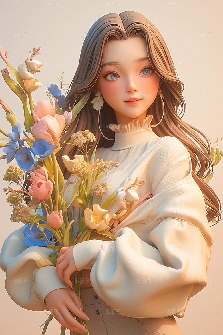 手捧鲜花的少女青春花朵素材