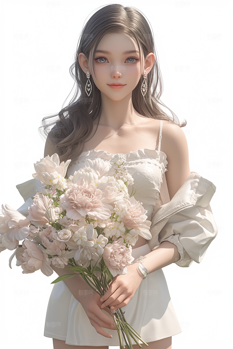 手捧鲜花的少女肖像春天素材