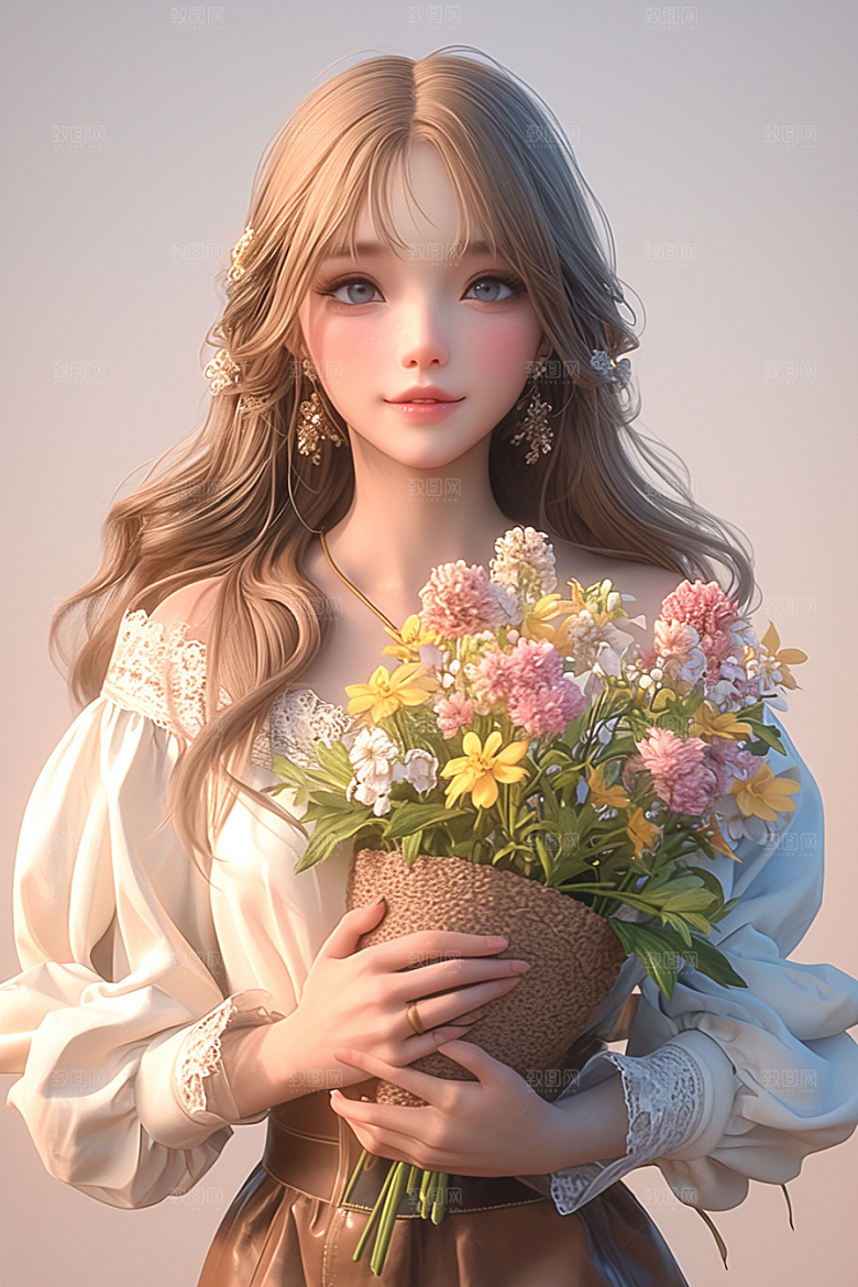 手捧鲜花的少女青春肖像素材