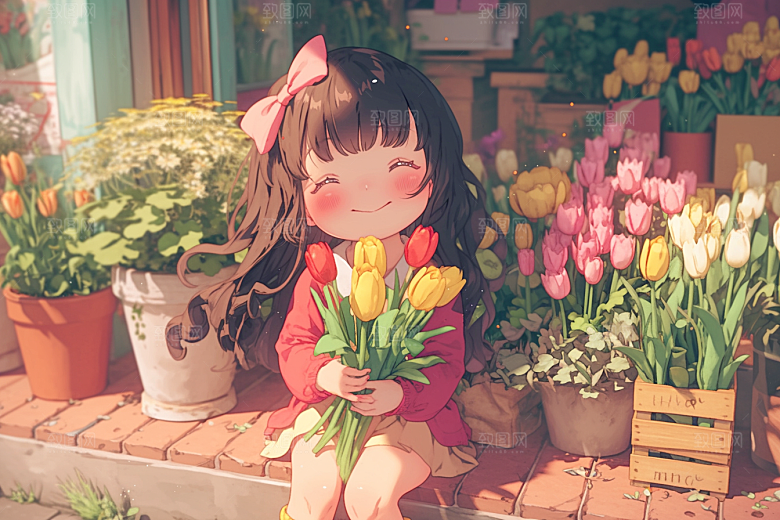 手捧鲜花的少女自然立体素材