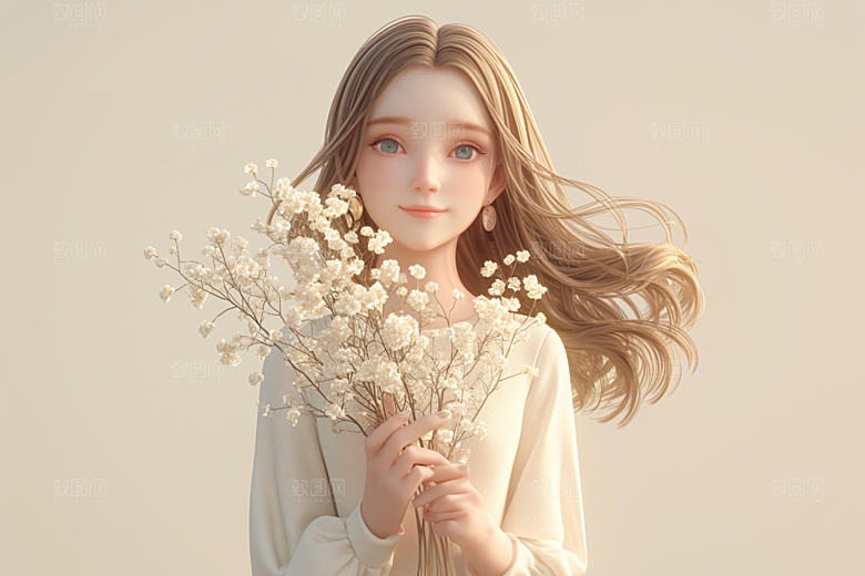 手捧鲜花的少女人物唯美素材
