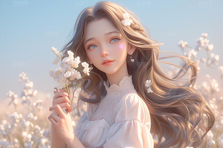 手捧鲜花的少女烂漫花朵素材