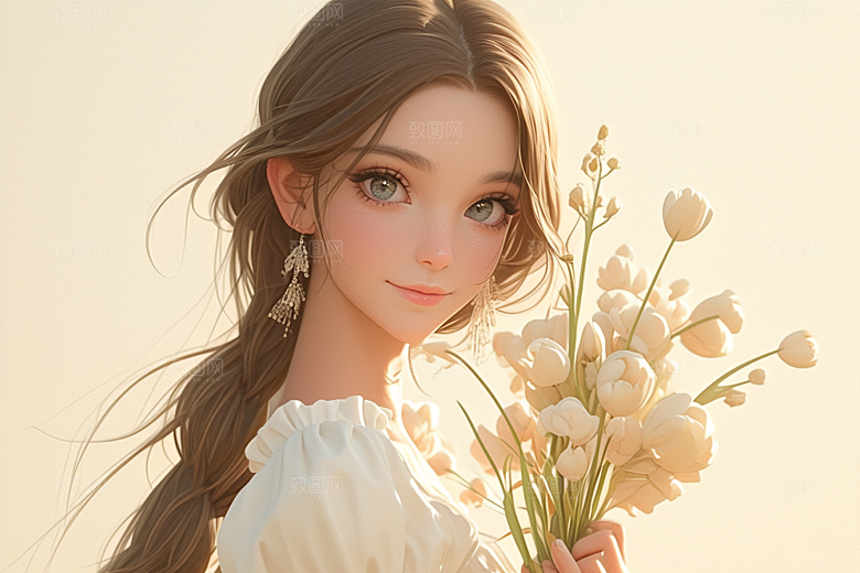 手捧鲜花的少女春天清新素材