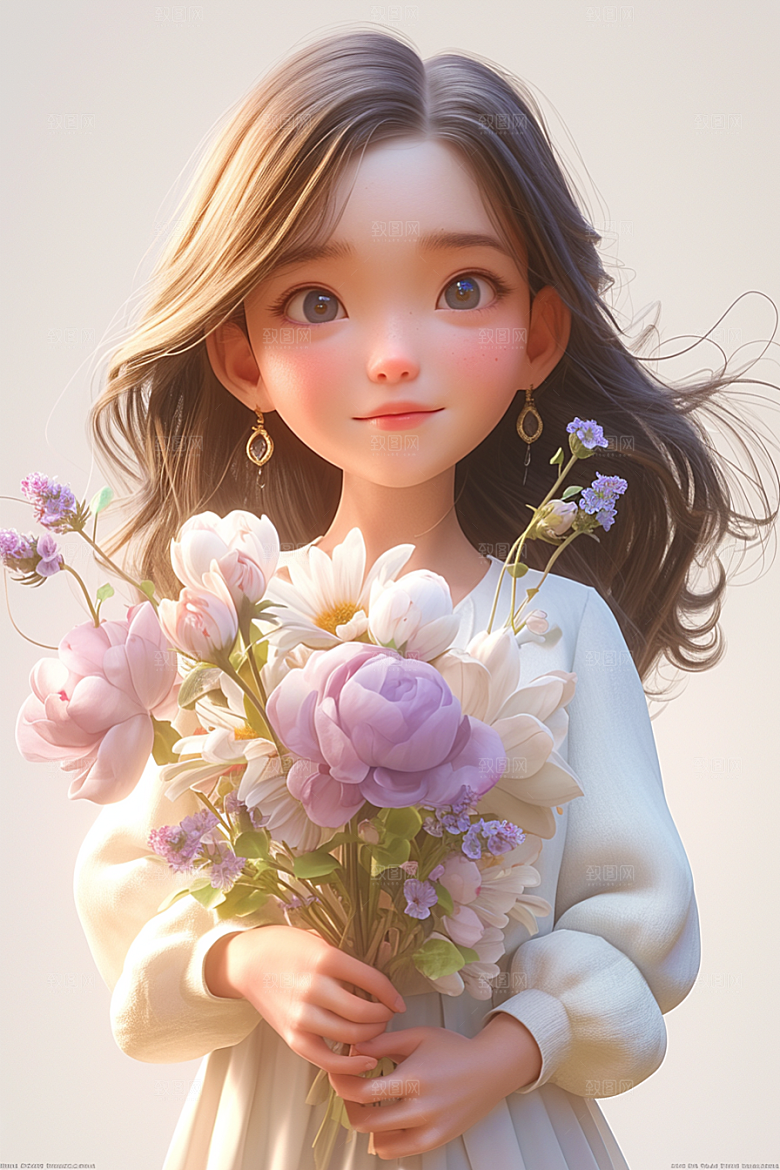 手捧鲜花的少女青春清新素材