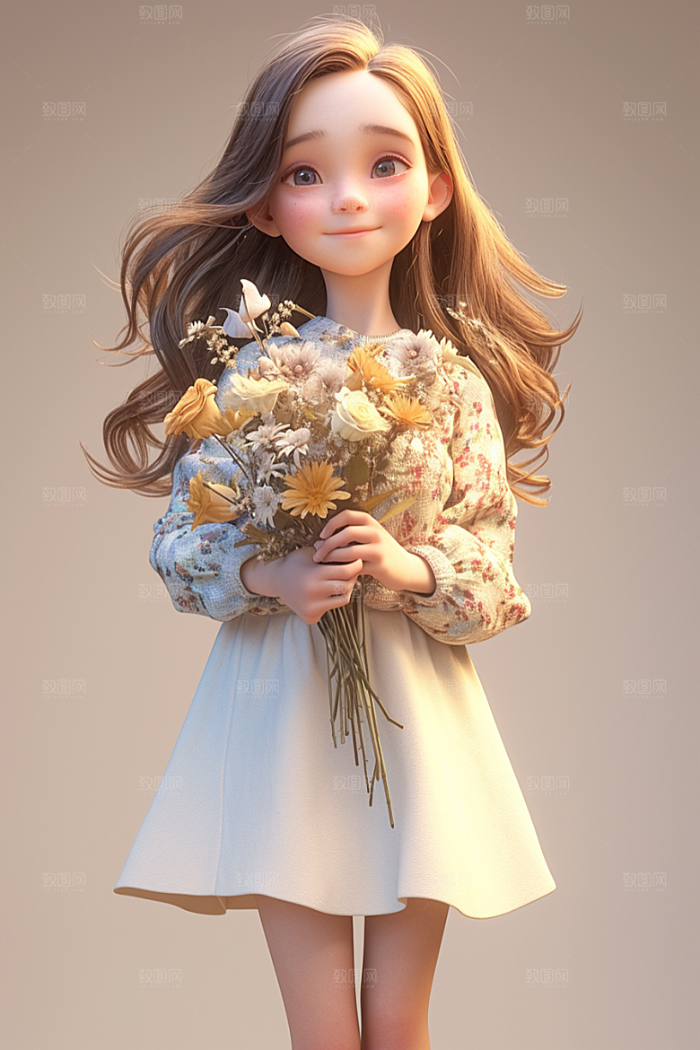 手捧鲜花的少女肖像花朵素材