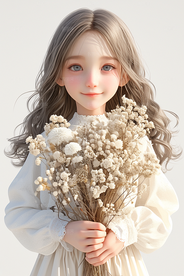 手捧鲜花的少女立体飞舞的裙摆素材