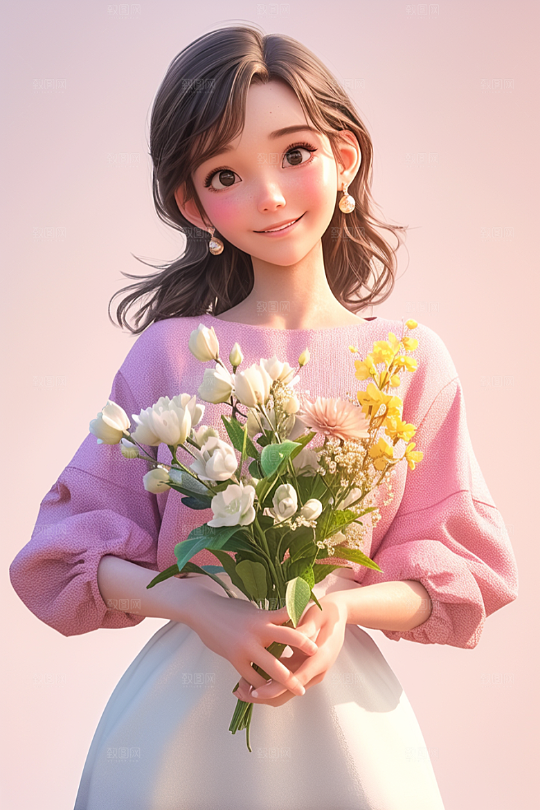 手捧鲜花的少女花朵人物素材