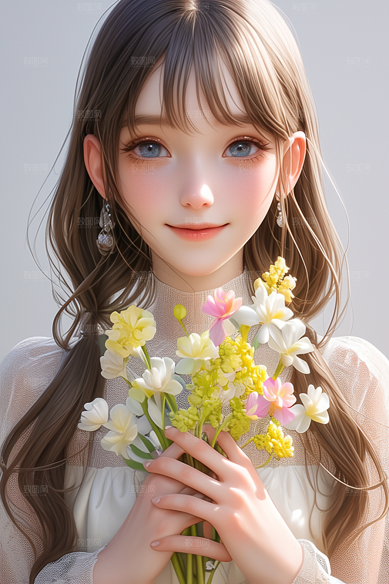 手捧鲜花的少女肖像立体素材