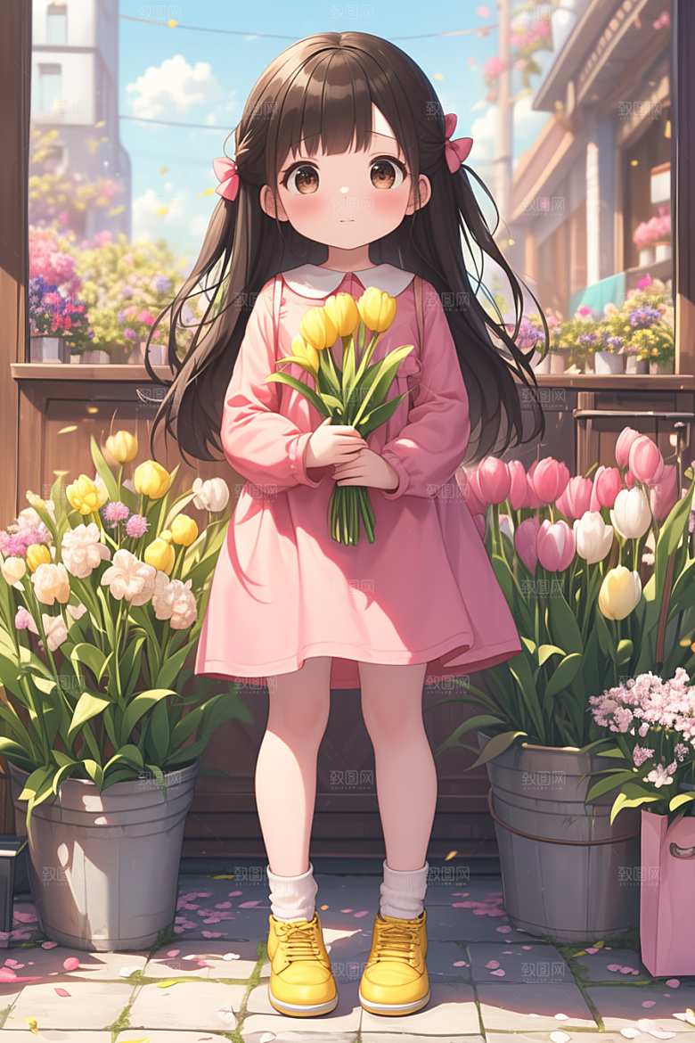 手捧鲜花的少女3D模型素材