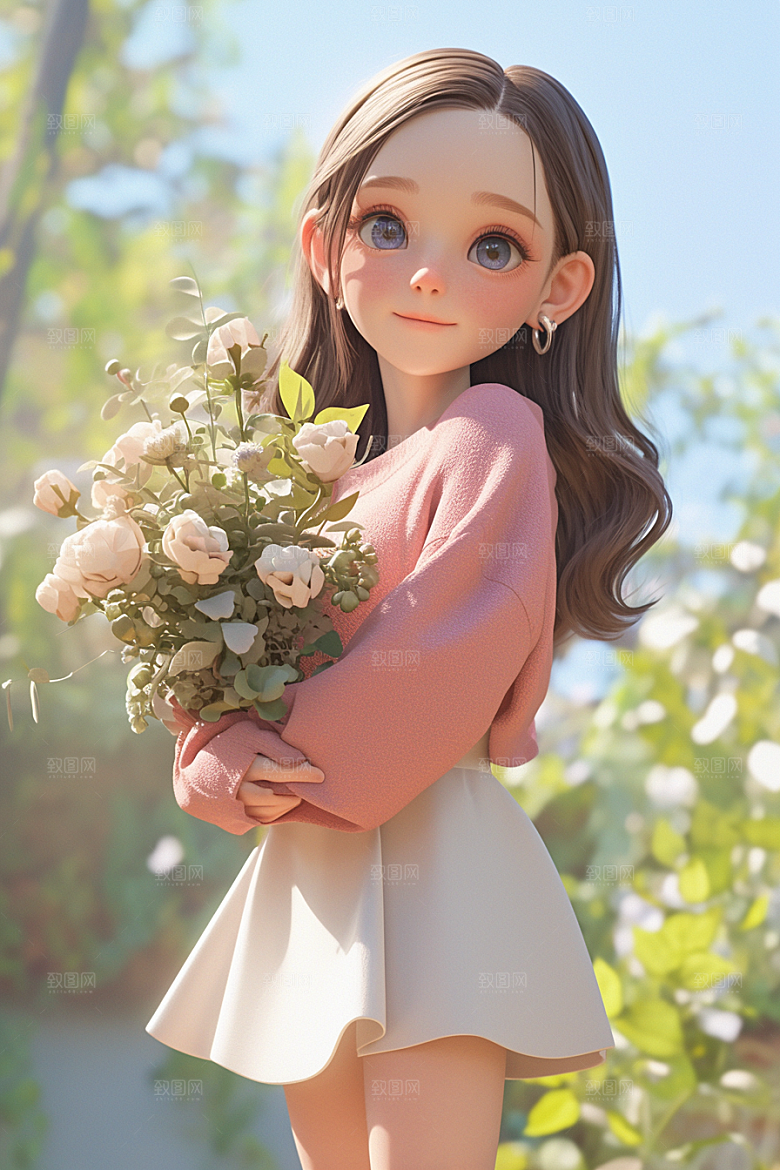 手捧鲜花的少女人物烂漫素材