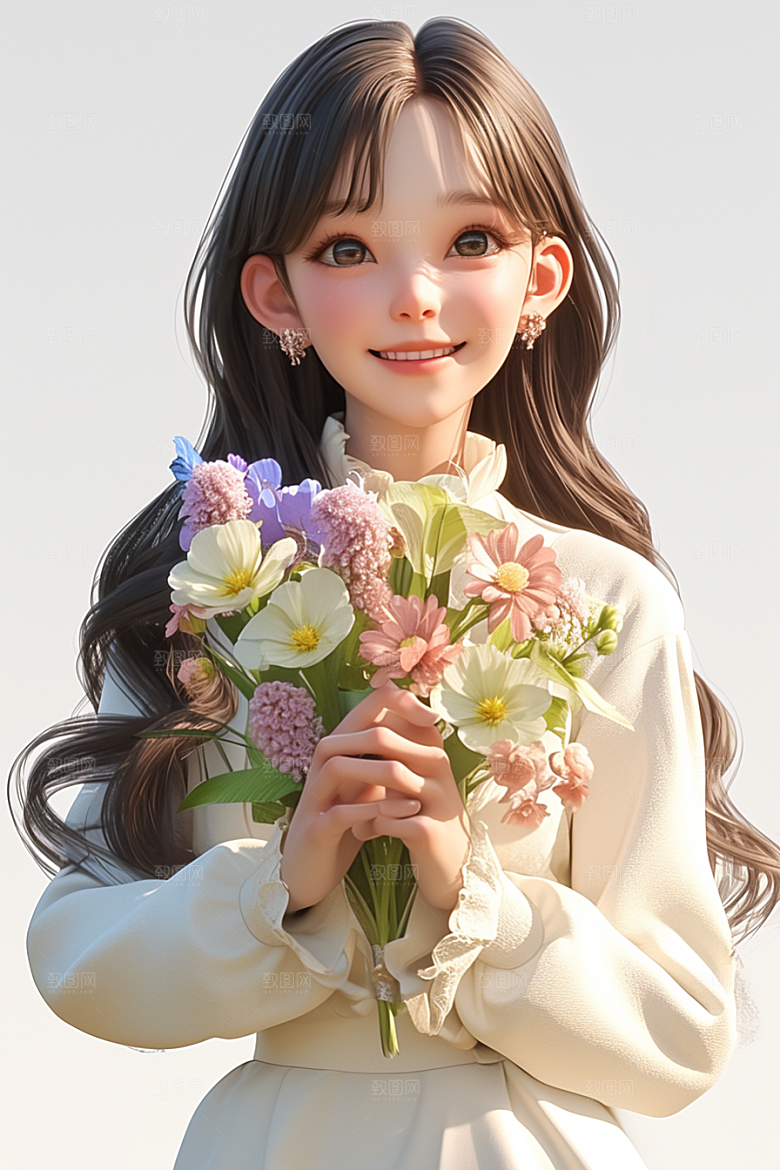 手捧鲜花的少女模型清新素材