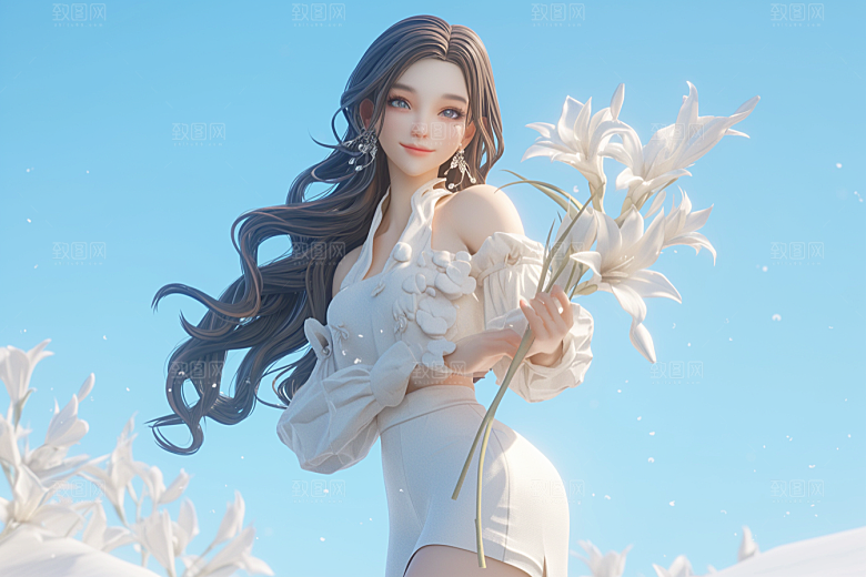 手捧鲜花的少女春天梦幻素材
