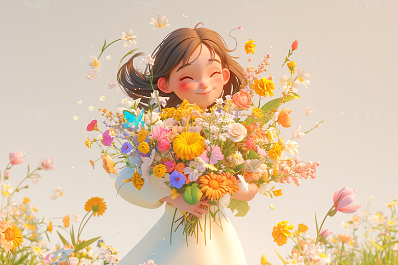 手捧鲜花的少女梦幻模型素材