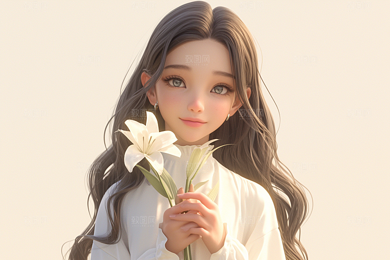 手捧鲜花的少女立体自然素材