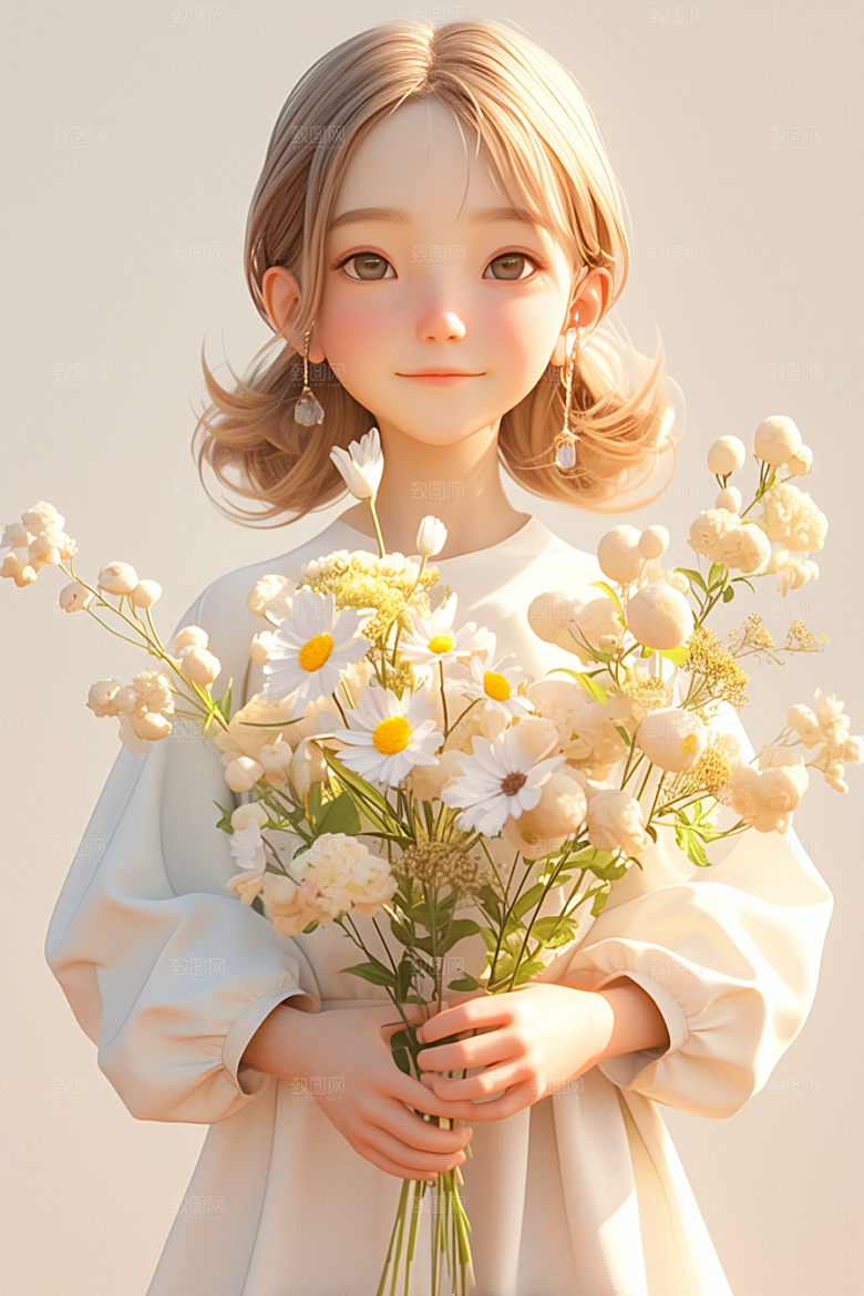 手捧鲜花的少女3D梦幻素材