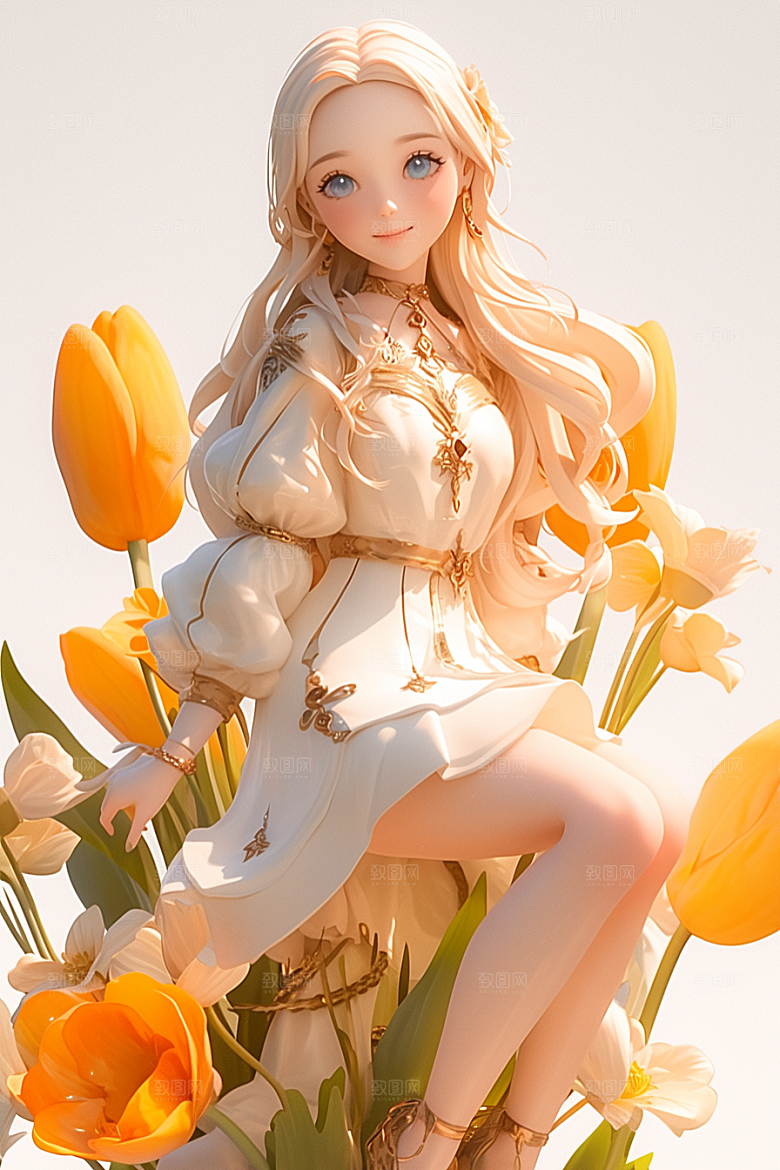 手捧鲜花的少女春天花朵素材