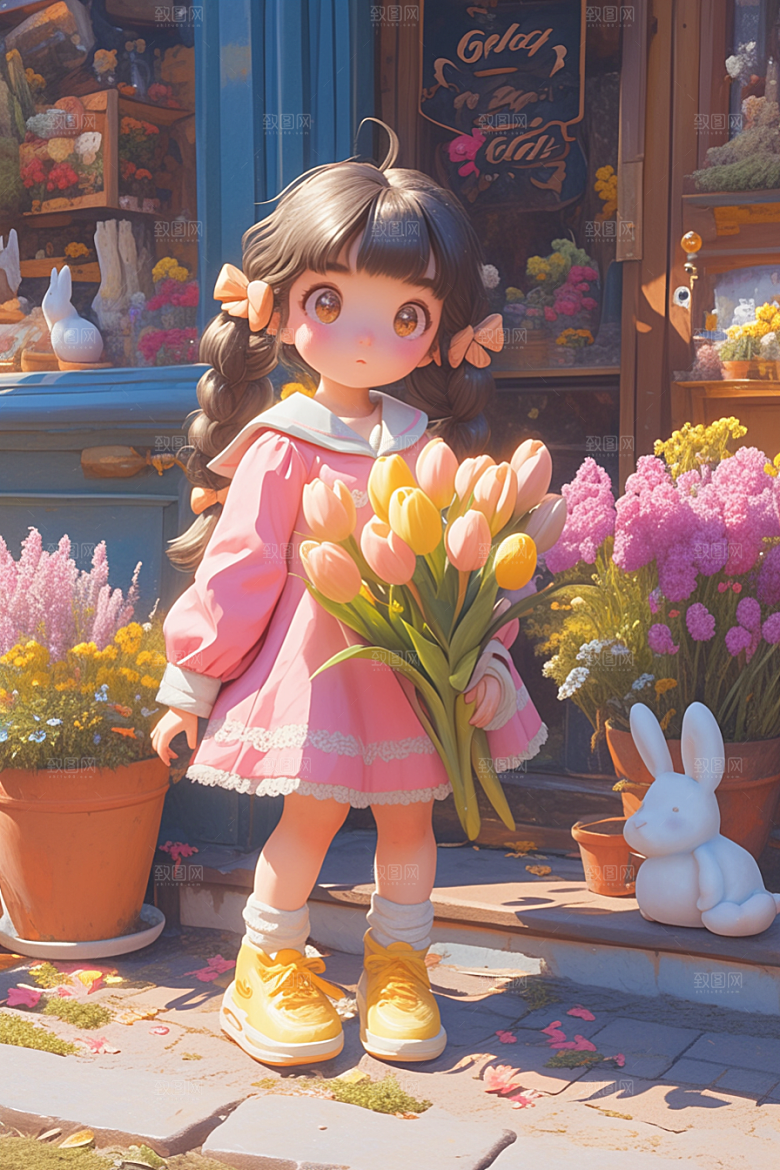 手捧鲜花的少女烂漫自然素材