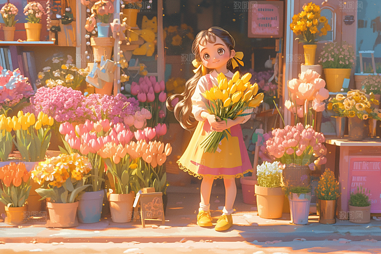 手捧鲜花的少女3D自然素材