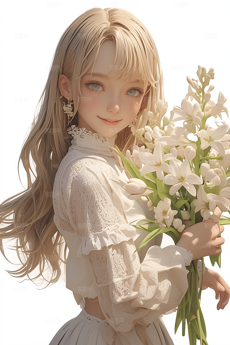 手捧鲜花的少女青春立体素材